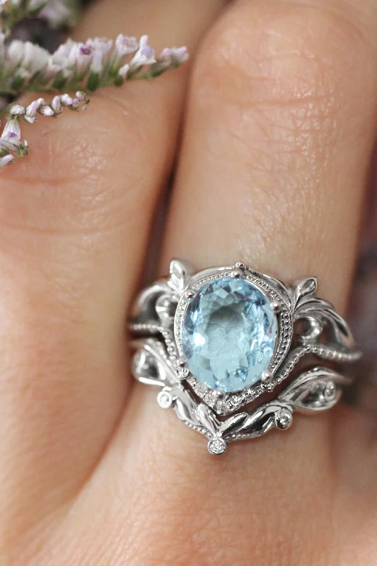 Art nouveau bridal ring set with aquamarine / Lida oval