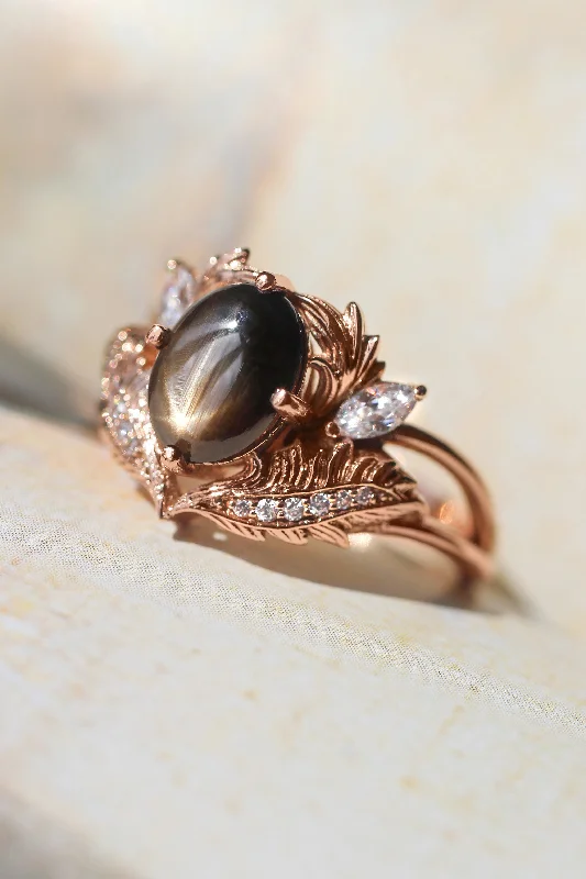 Black star sapphire engagement ring with diamonds / Adonis