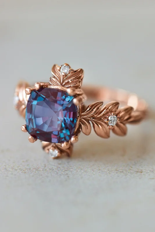 Cushion alexandrite ring with diamonds, leaf engagement ring / Zelacrua