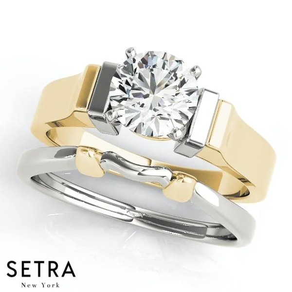 SET OF SOLITAIRE DIAMOND ENGAGEMENT & BAND RINGS 14K GOLD