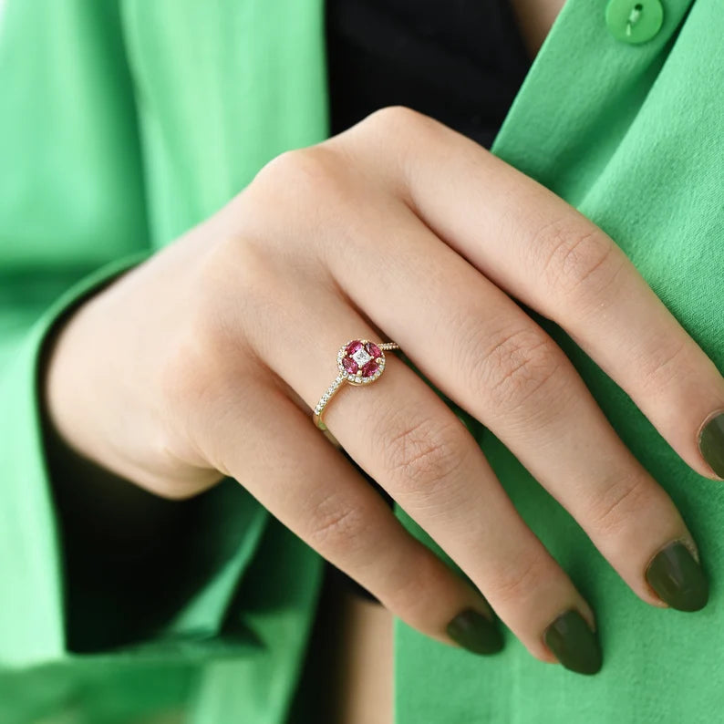 Gold Ruby Flower Petals Ring | 925 SILVER