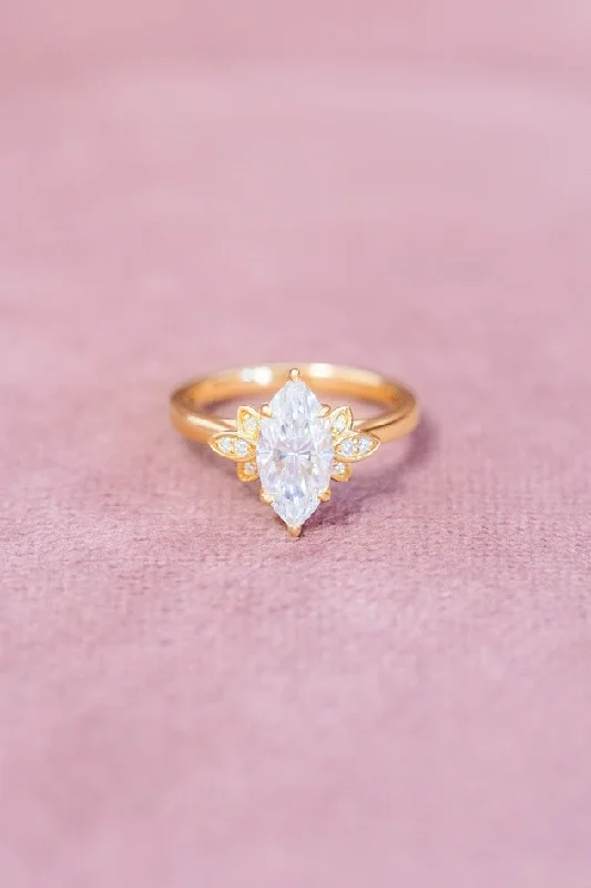 Marquise Moissanite Engagement Ring Leaf Accent Design