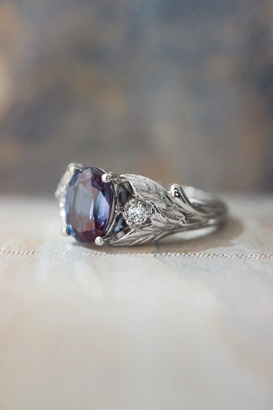 Oval alexandrite ring with diamonds, leaf engagement ring / Wisteria