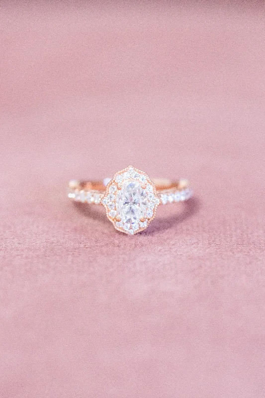 Oval Moissanite Engagement Ring Floral Halo