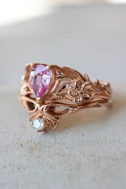 Pink sapphire bridal ring set, art nouveau ring / Eloise