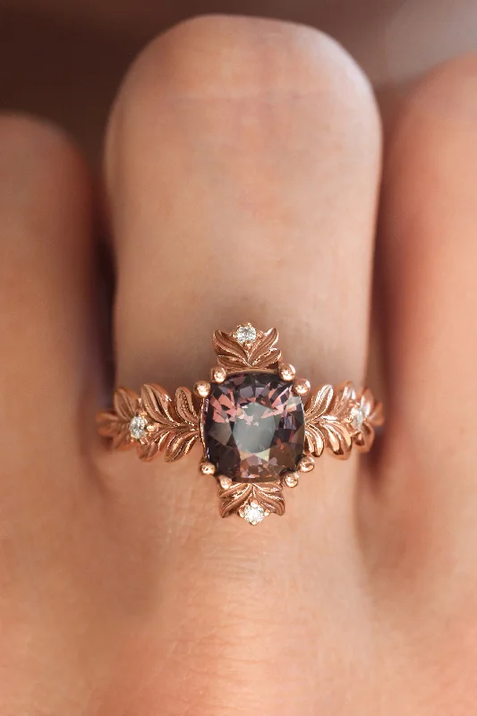 Purple spinel ring with diamonds, leaf engagement ring