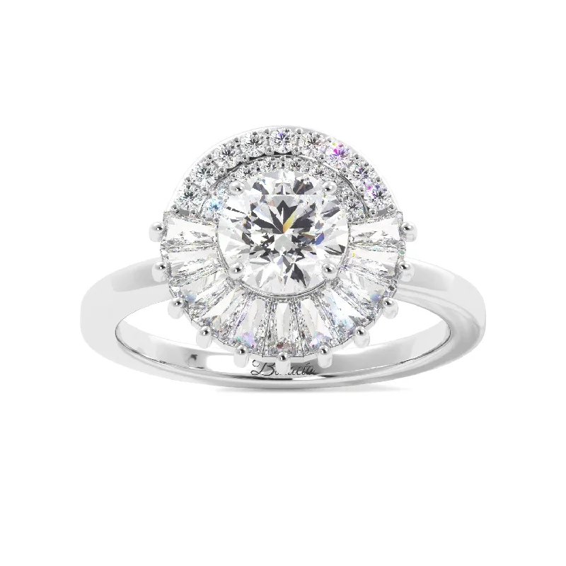 Round Tapered Baguette Halo Solitaire Diamond Engagement Ring