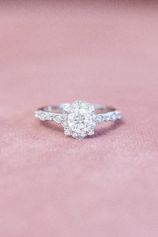 Round Natural Diamond Halo Art Deco Engagement Ring