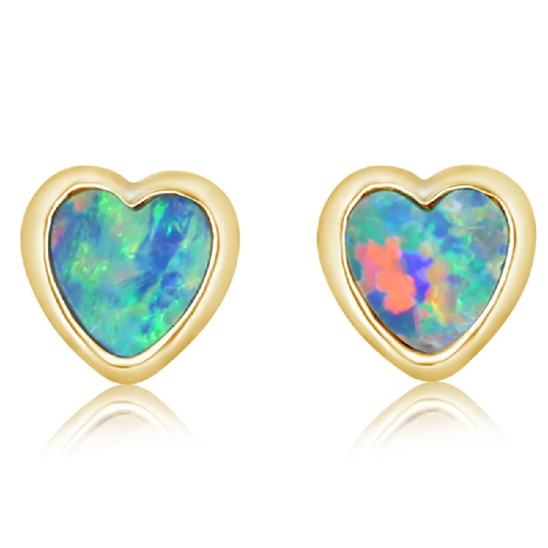 14K Yellow Gold 6mm Australian Opal Doublet Heart Earrings