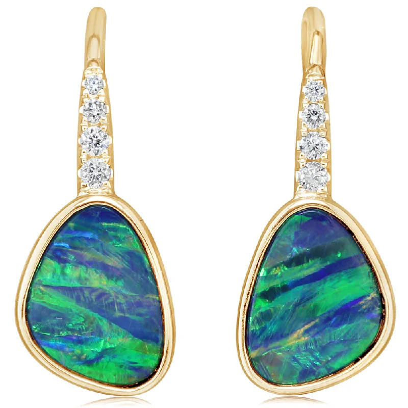 14K Yellow Gold Australian Opal Doublet/Diamond Earrings