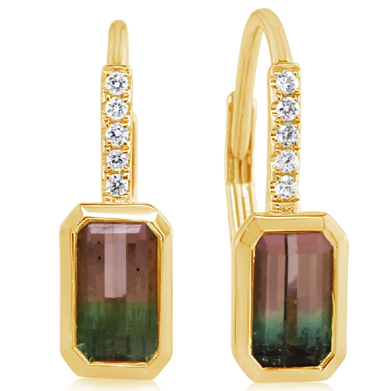 14K Yellow Gold Bi-Color Tourmaline/Diamond Earrings