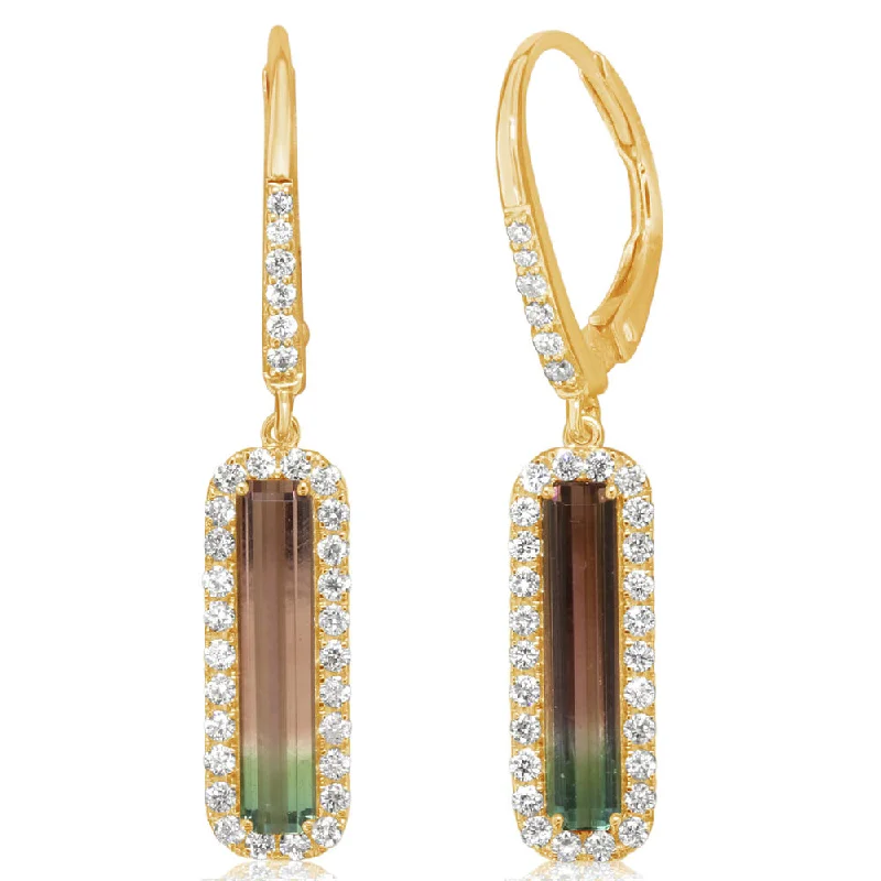 14K Yellow Gold Bi-Color Tourmaline/Diamond Earrings