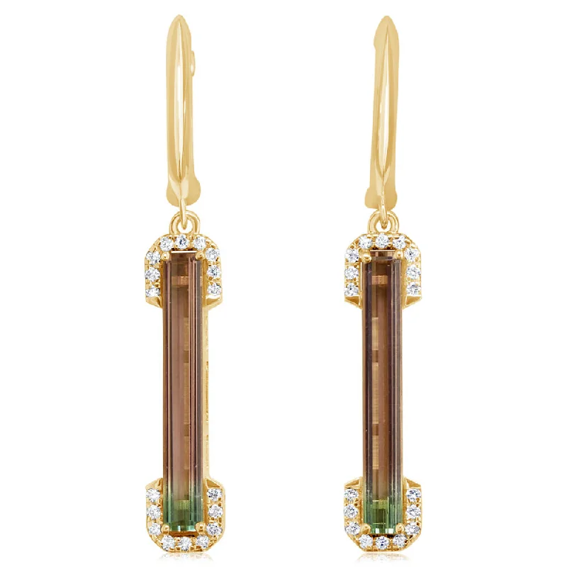 14K Yellow Gold Bi-Color Tourmaline/Diamond Earrings