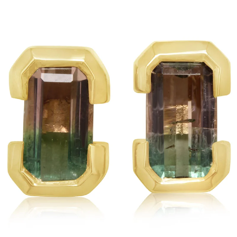 14K Yellow Gold Bi-Color Tourmaline Earrings