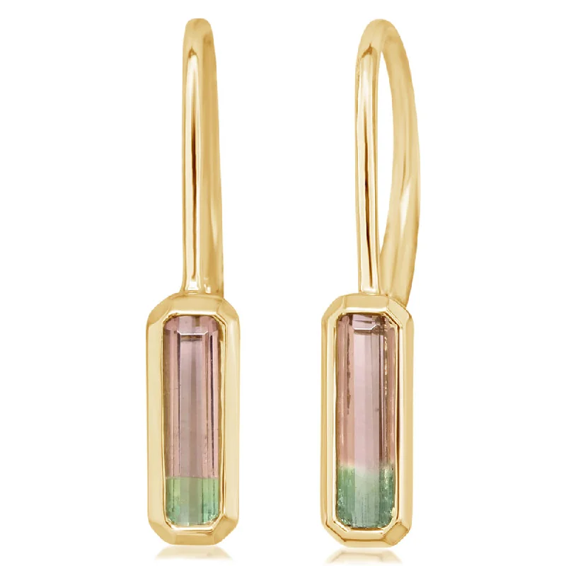 14K Yellow Gold Full Bezel Bi-Color Tourmaline Earrings