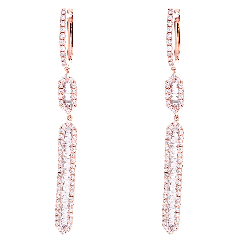 Baguette and round dangling diamond earrings