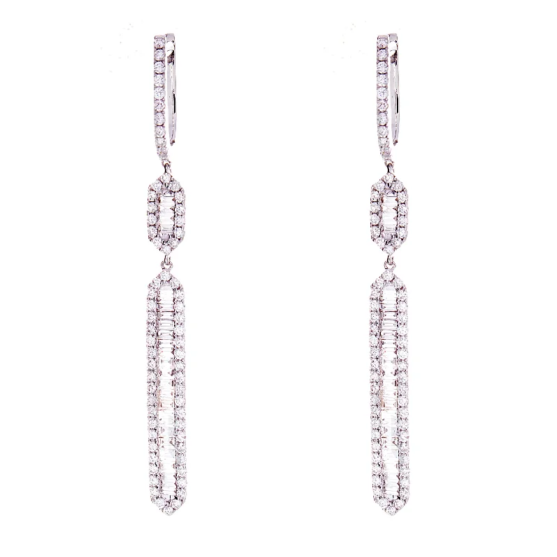 Baguette and round dangling diamond earrings