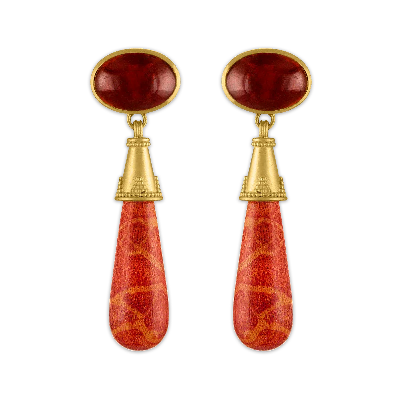 Garnet and Coral Granulated Amphora Earrings