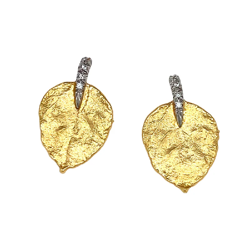 Gold & Diamond Leaf Earrings - "Glittering Aspen"