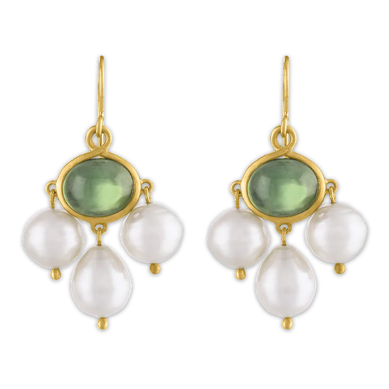 Green Tourmaline and Golden South Sea Pearl Unda Hook Earrings