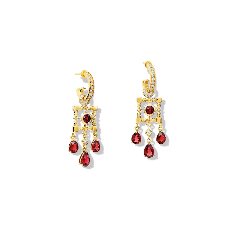 Mashrabiya Trellis Earring Drops Yellow Gold - Garnet & Diamond