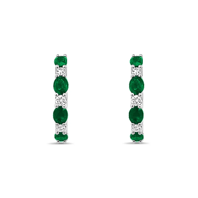 Oval Emerald and Round Diamond Hoops