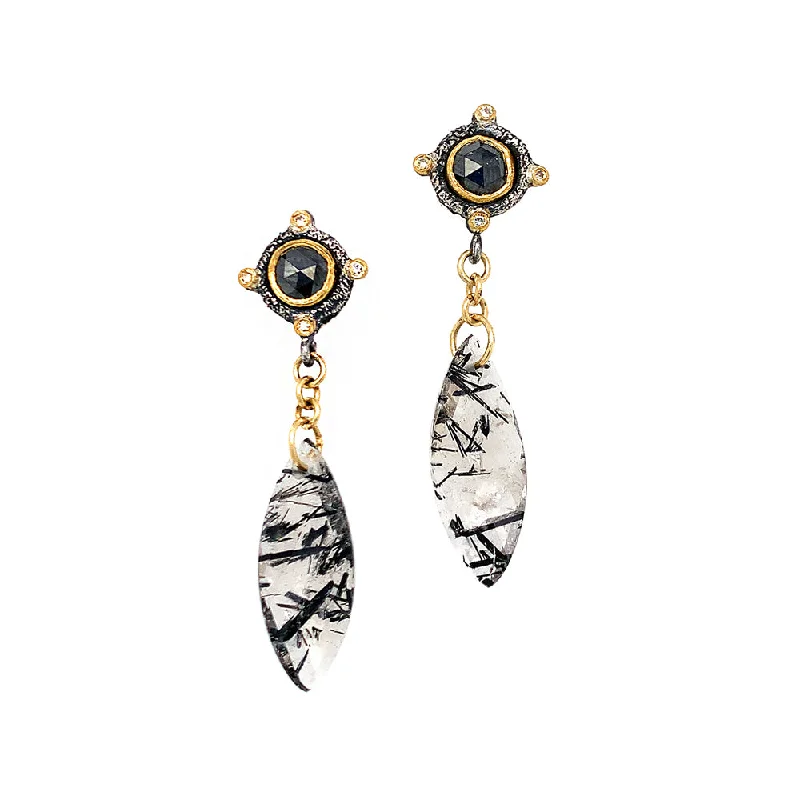 Tourmalated Quartz & Black Diamond Earrings - "Duvessa"