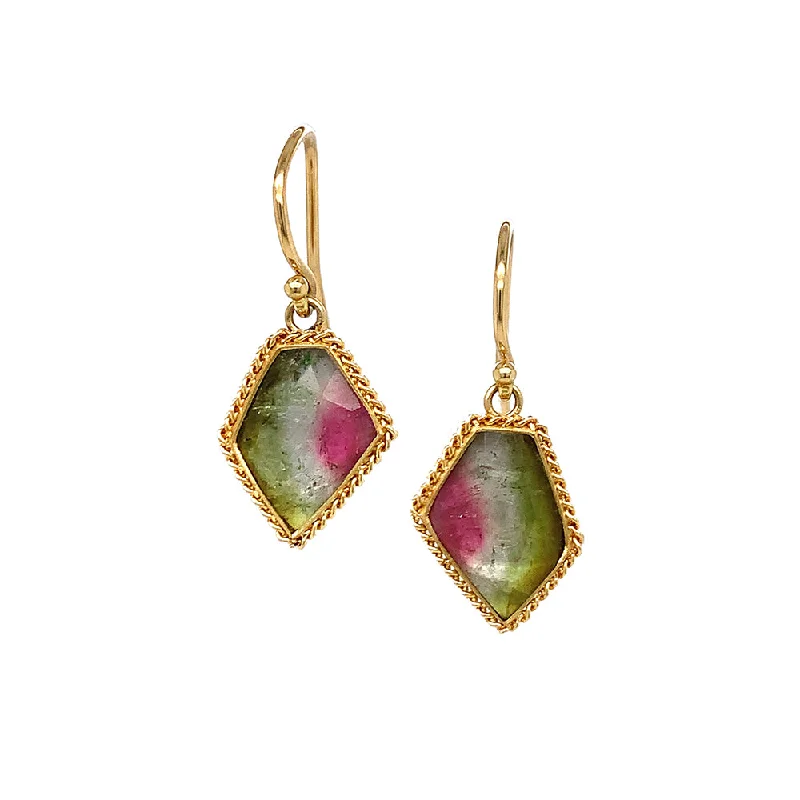 Watermelon Tourmaline Yellow Gold Earrings - "Watermelon Dreams"