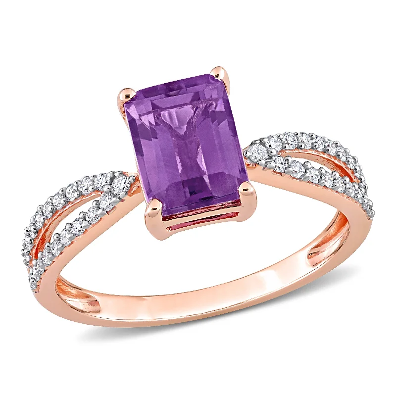 Miadora 1 1/3ct TGW Octagon Amethyst and 1/5ct TDW Diamond Crossover Ring in 14k Rose Gold