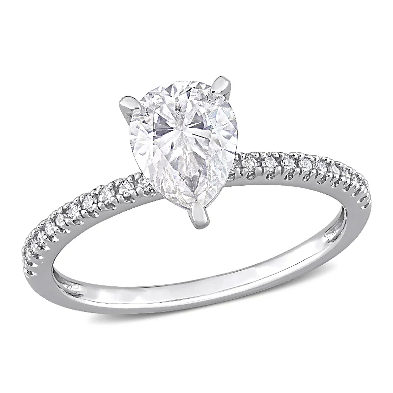 Miadora 1 1/4ct DEW Pear Shape Created Moissanite and 1/10ct TW Diamond Engagement Ring in 14k White Gold