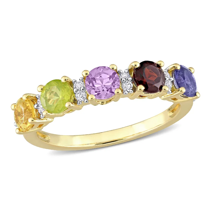 Miadora 1 2/5ct TGW White Topaz - Amethyst - Iolite - Garnet - Citrine & Peridot Semi Eternity Ring in Yellow Silver