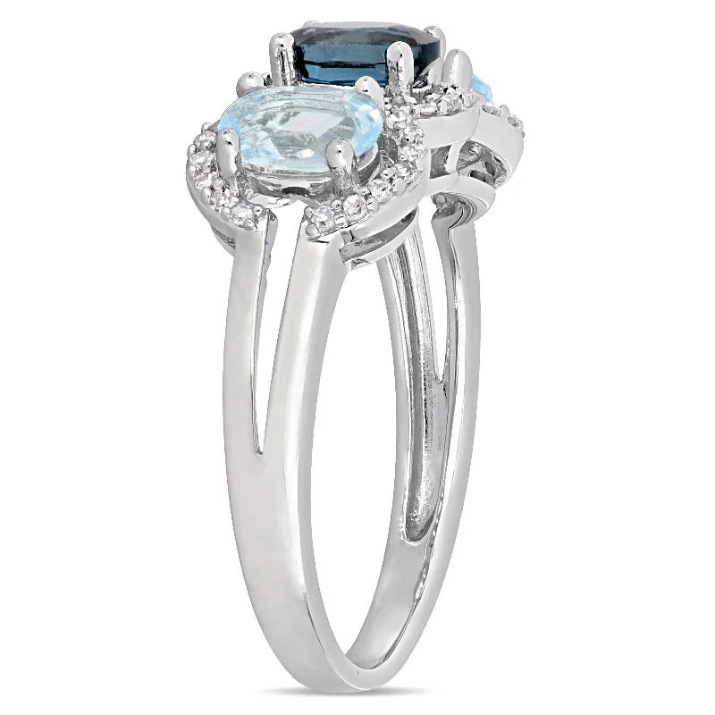 Miadora 1 3/5ct TGW London & Sky Blue Topaz and 1/5ct TW Diamond 3-Stone Halo Ring in Sterling Silver