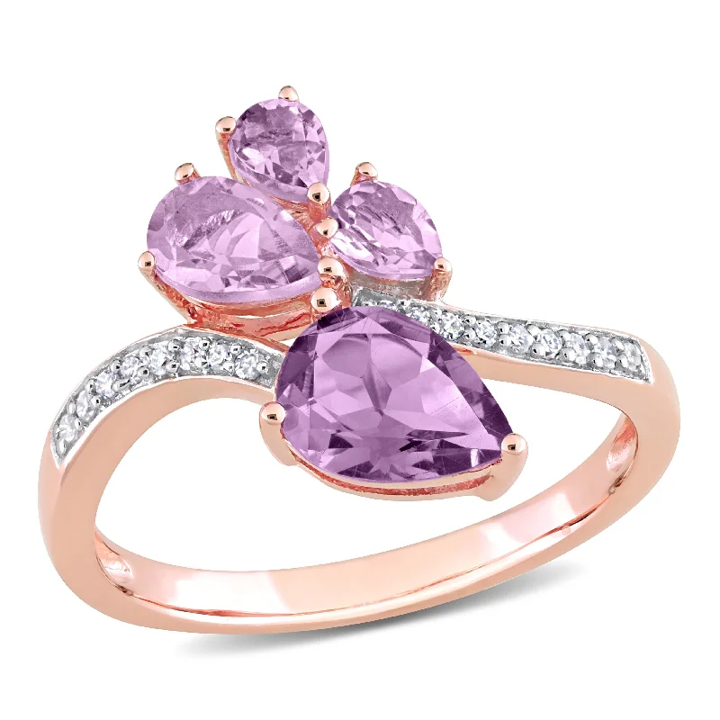 Miadora 1 3/5ct TGW Pear-Shape Amethyst and Rose de France and 1/10ct TDW Diamond Toi et Moi Ring in 14k Rose Gold