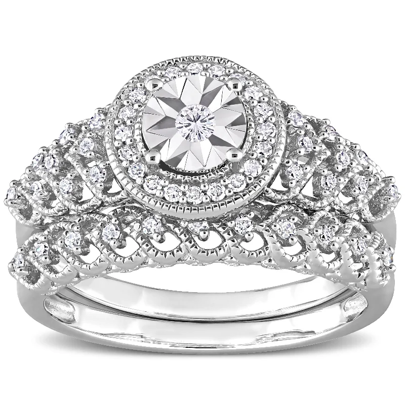 Miadora 1/3ct TDW Diamond Halo Bridal Ring Set in Sterling Silver