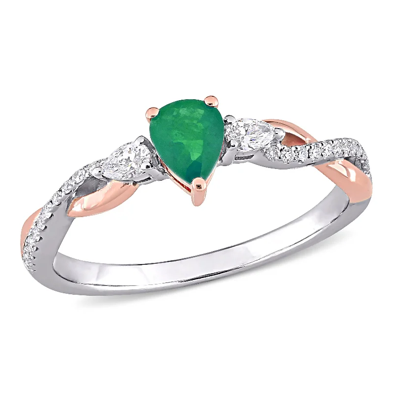 Miadora 1/3ct TGW Pear-Shape Emerald and 1/5ct TDW Diamond Halo Infinity Ring in 14k White Gold