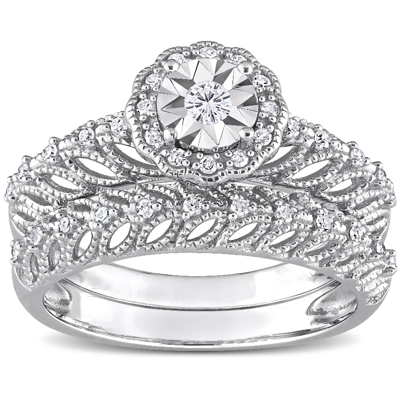 Miadora 1/4ct TDW Diamond Floral Bridal Ring Set in Sterling Silver