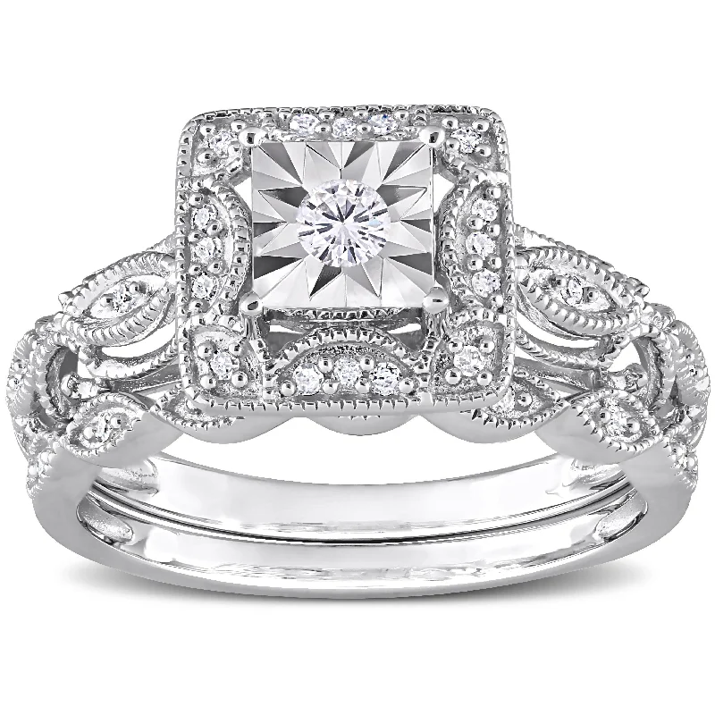 Miadora 1/5ct TDW Diamond Cushion Halo Bridal Ring Set in Sterling Silver