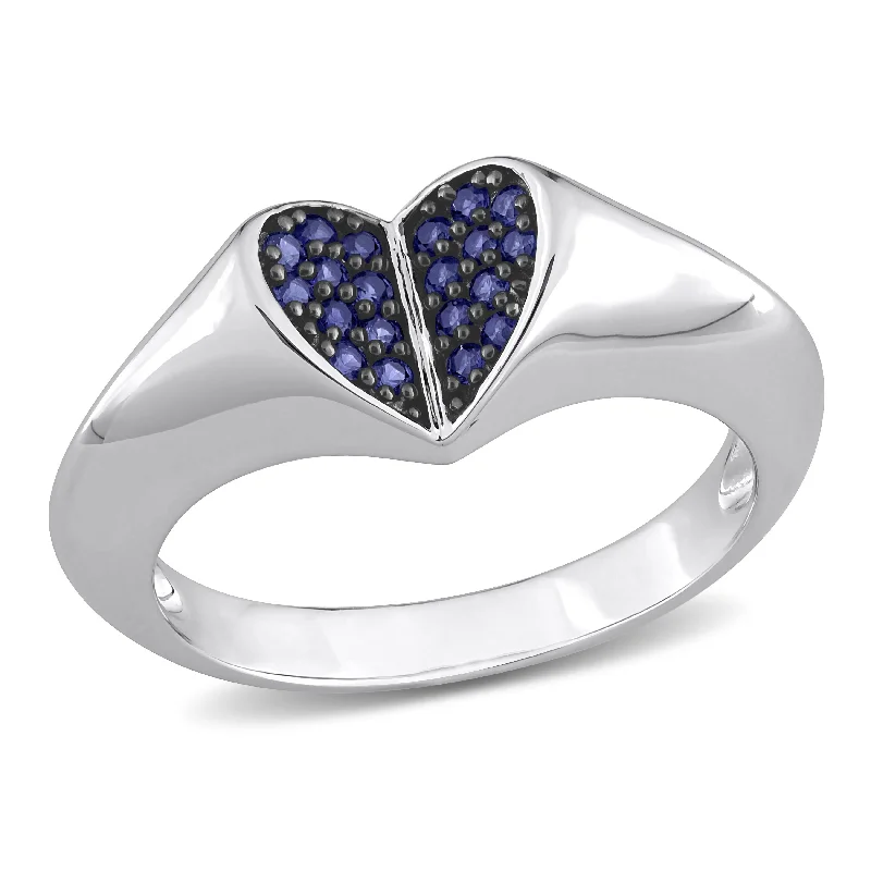 Miadora 1/5ct TGW Created Blue Sapphire Heart Ring in Black Rhodium Plated Silver