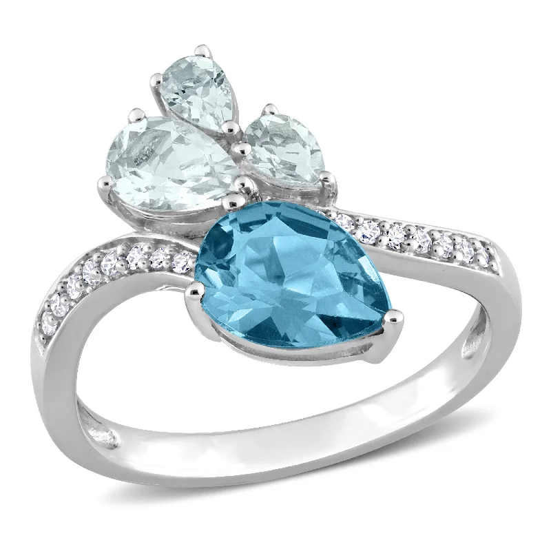 Miadora 1 7/8ct TGW Pear-Shape London Blue Topaz and Aquamarine and 1/10ct TDW Diamond Toi et Moi Ring in 14k White Gold