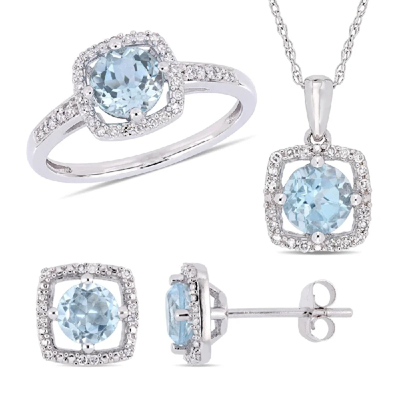 Miadora 10k White Gold Sky-Blue Topaz and 1/3ct TDW Diamond Floating Halo Jewelry Set