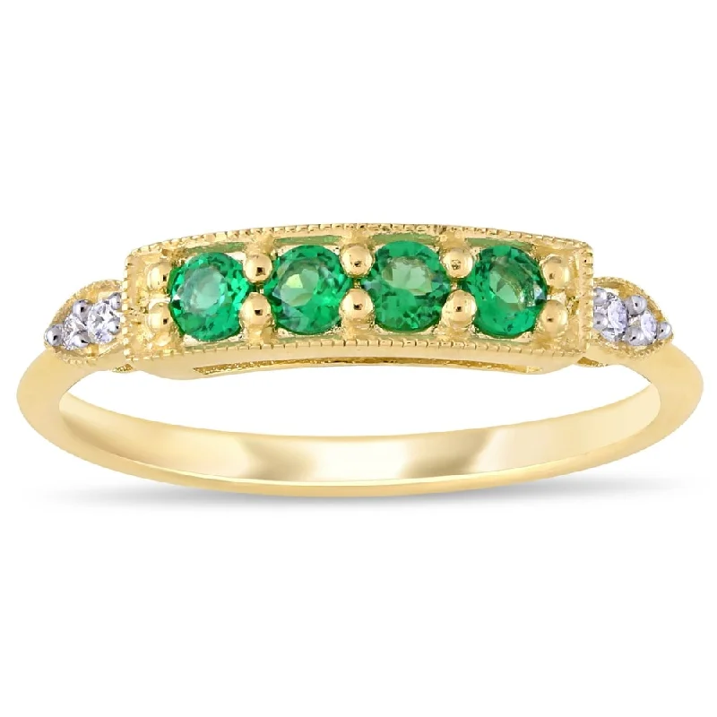 Miadora 10k Yellow Gold Created Emerald and Diamond Milgrain Detail Bar Ring