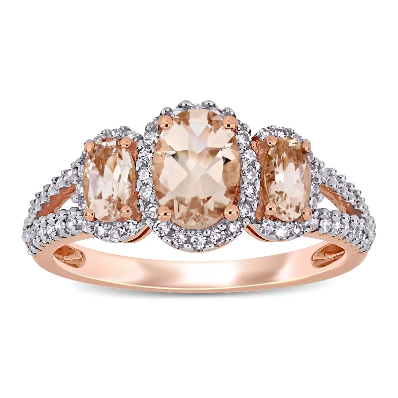 Miadora 14k Rose Gold Oval-cut Morganite and 1/3ct TDW Diamond 3-Stone Halo Engagement Ring