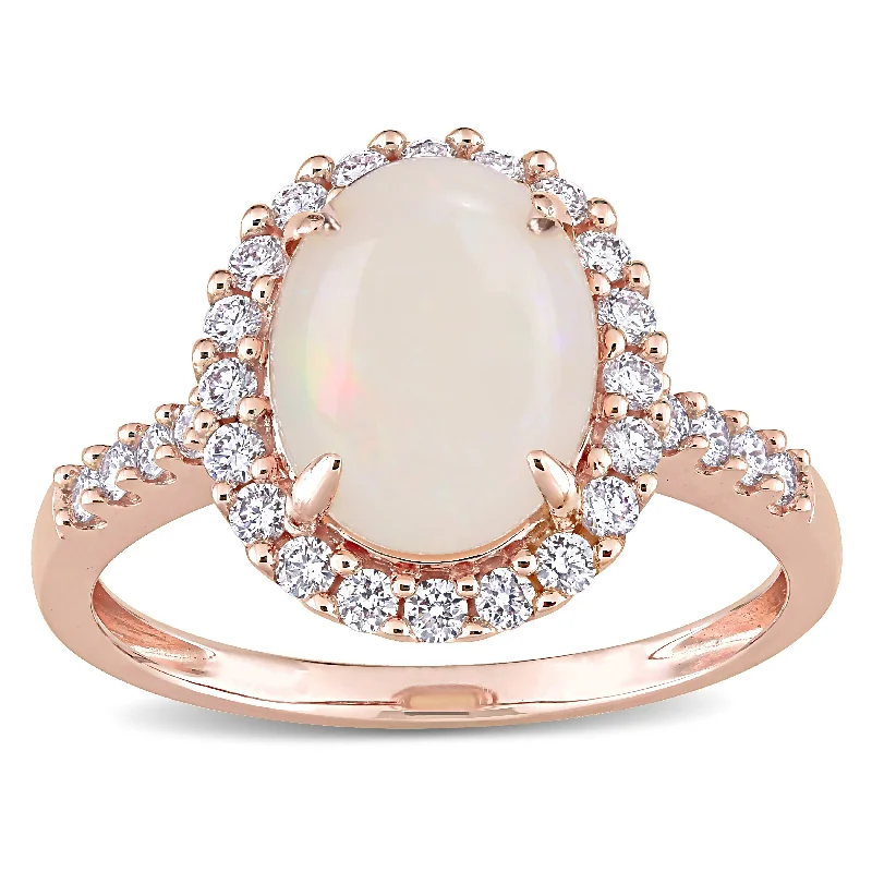 Miadora 14k Rose Gold Oval-cut Opal and 2/5ct TDW Diamond Halo Cocktail Ring