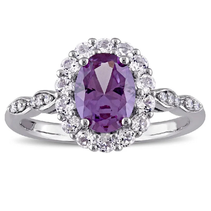 Miadora 14k White Gold Created Alexandrite White Topaz and Diamond Accent Vintage Halo Ring - Purple