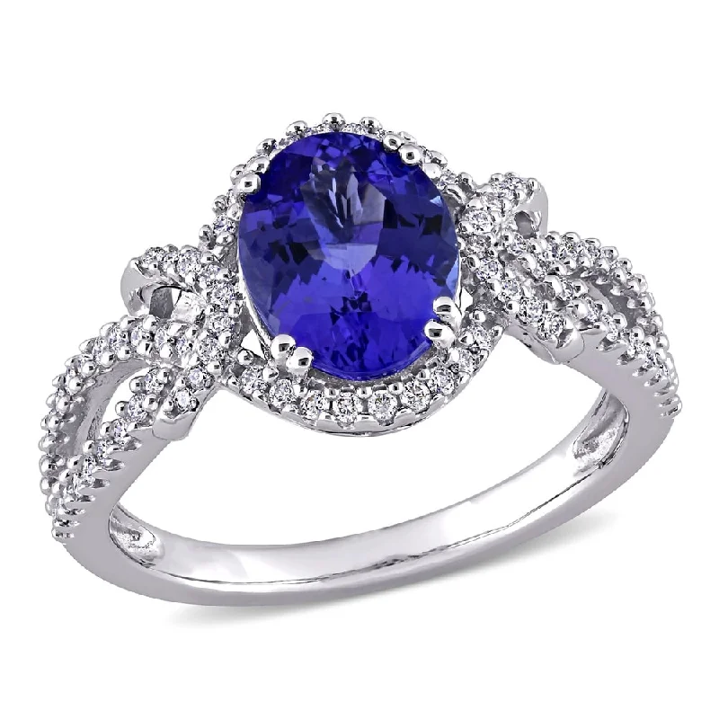 Miadora 14k White Gold Oval-cut Tanzanite & 1/3ct TDW Diamond Halo Split Shank Engagement Ring