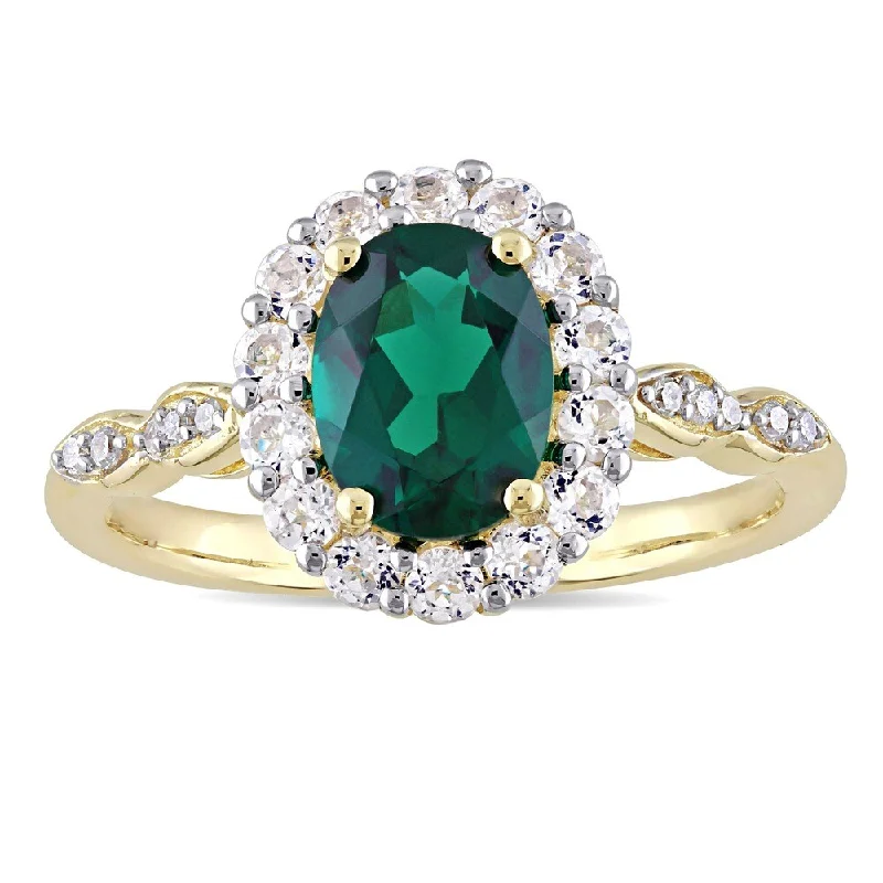 Miadora 14k Yellow Gold Created Emerald, White Topaz and Diamond Accent Vintage Halo Ring