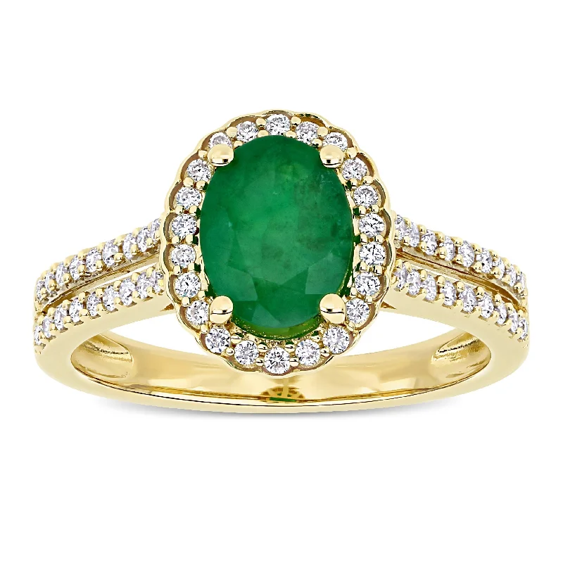 Miadora 14k Yellow Gold Oval-cut Emerald and 1/3ct TDW Diamond Halo Split Shank Engagement Ring