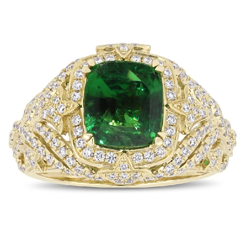 Miadora 14k Yellow Gold Tsavorite and 3/4ct TDW Diamond Halo Cluster Cocktail Ring