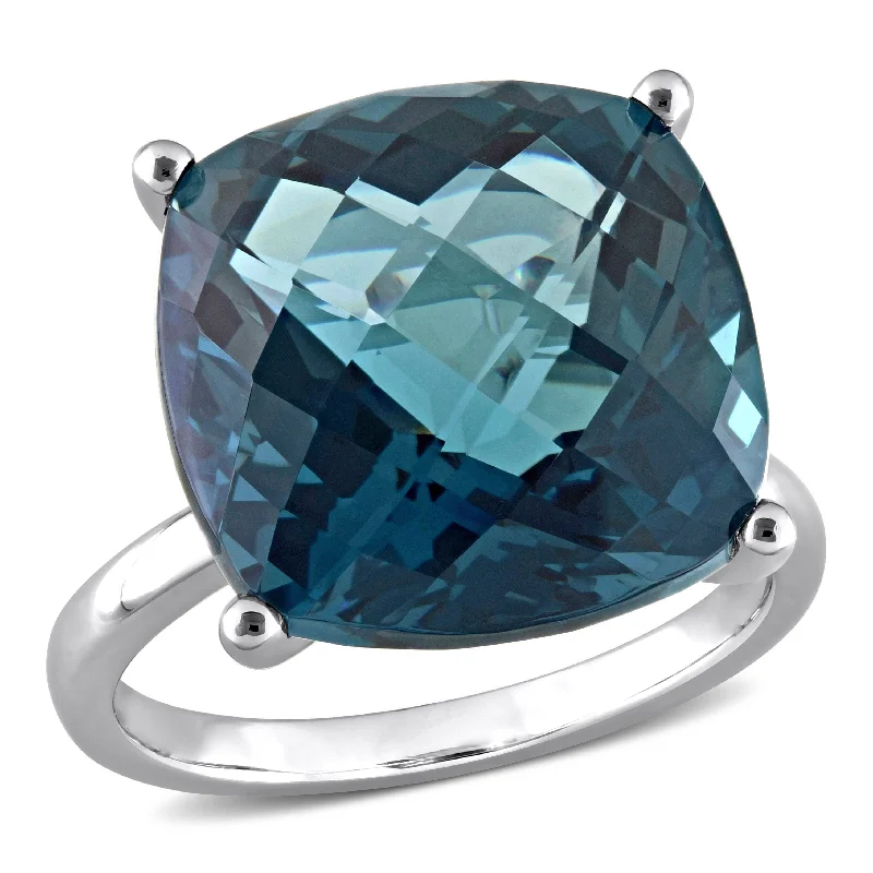 Miadora 19 1/4ct TGW Cushion Checkerboard London Blue Topaz Cocktail Ring in 14k White Gold