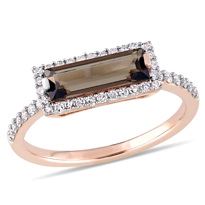 Miadora 1ct TGW Baguette Cut Smokey Quartz and 1/4ct TW Diamond Halo Ring in 14k Rose Gold